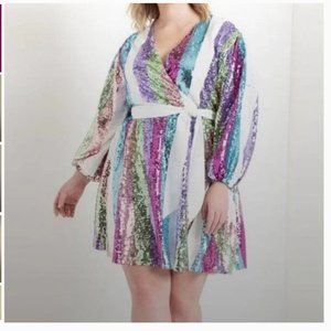 Nwt ELOQUI. Colorful Sequin  Sequin Balloon Sleeve Wrap Dress 20